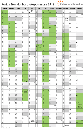 Ferien 2019 Meck.-Pomm. im Kalender - A4 hoch-einseitig Ferienkalender 2019 für Meck.-Pomm. - A4 hoch-einseitig