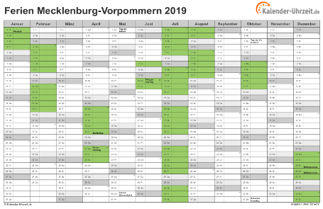 Ferien 2019 Meck.-Pomm. im Kalender - A4 quer-einseitig Ferienkalender 2019 für Meck.-Pomm. - A4 quer-einseitig