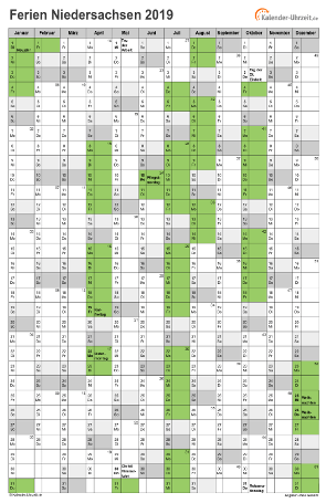 Ferienkalender 2019 für Niedersachsen - A4 hoch-einseitig