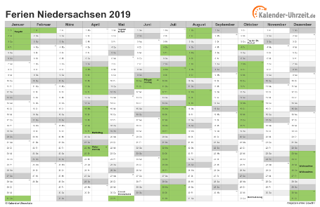 Ferienkalender 2019 für Niedersachsen - A4 quer-einseitig