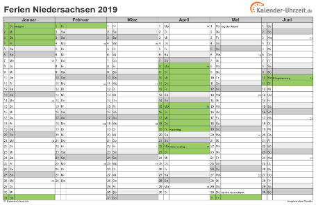 Ferienkalender 2019 für Niedersachsen - A4 quer-zweiseitig