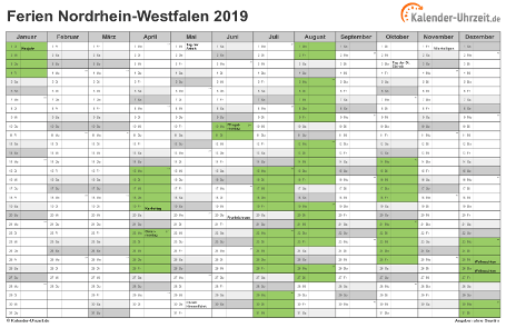 Ferienkalender 2019 für Nordrhein-Westfalen - A4 quer-einseitig