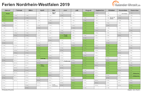 Ferien 2019 Nordrhein-Westfalen im Kalender - A4 quer-einseitig Ferienkalender 2019 für Nordrhein-Westfalen - A4 quer-einseitig