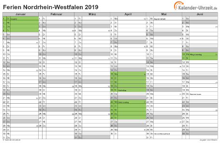 Ferien 2019 Nordrhein-Westfalen im Kalender - A4 quer-zweiseitig Ferienkalender 2019 für Nordrhein-Westfalen - A4 quer-zweiseitig