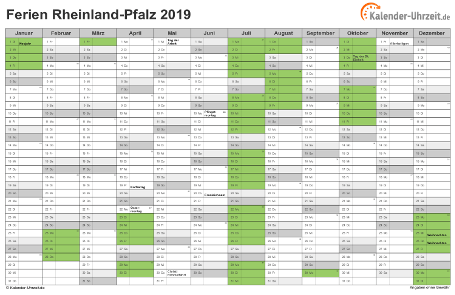 Ferien 2019 Rheinland-Pfalz im Kalender - A4 quer-einseitig Ferienkalender 2019 für Rheinland-Pfalz - A4 quer-einseitig