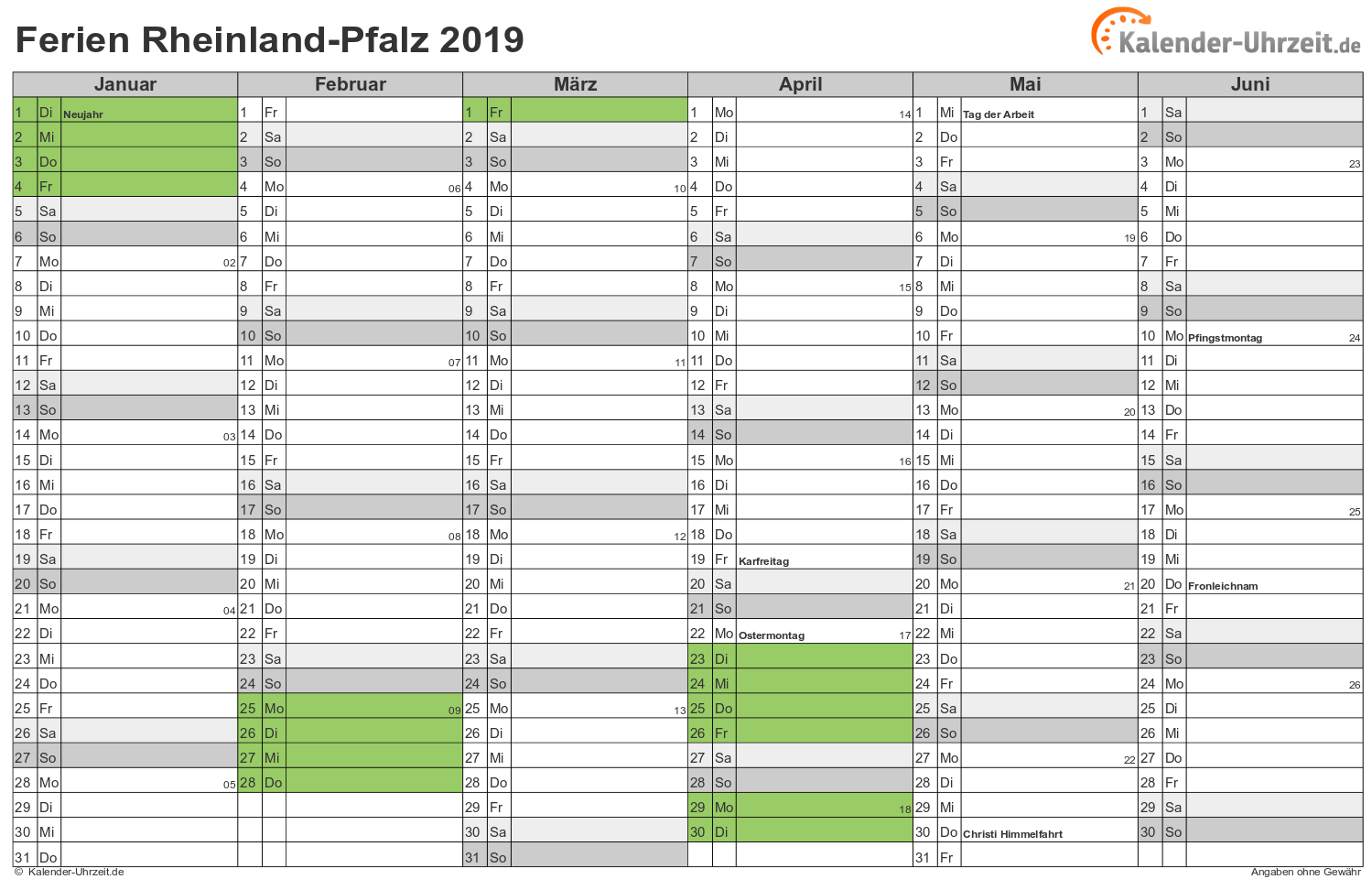 Ferien Rheinland-Pfalz 2019 - Ferienkalender zum Ausdrucken