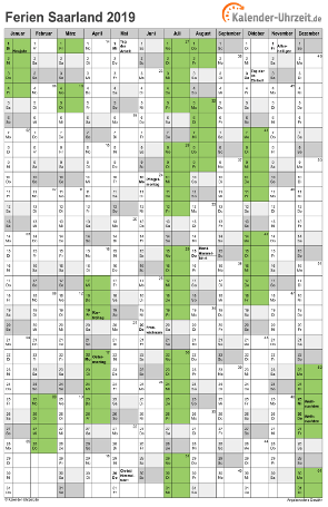 Ferienkalender 2019 für Saarland - A4 hoch-einseitig