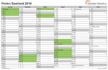 Ferienkalender 2019 für Saarland - A4 quer-zweiseitig