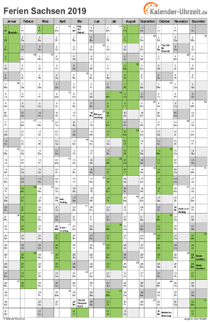 Ferienkalender 2019 für Sachsen - A4 hoch-einseitig