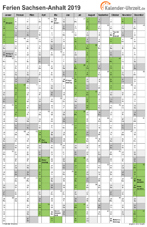 Ferienkalender 2019 für Sachsen-Anhalt - A4 hoch-einseitig