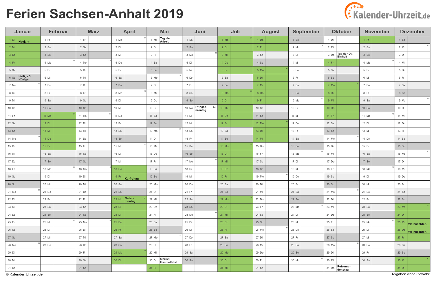 Ferien Sachsen-Anhalt 2019 - Ferienkalender zum Ausdrucken