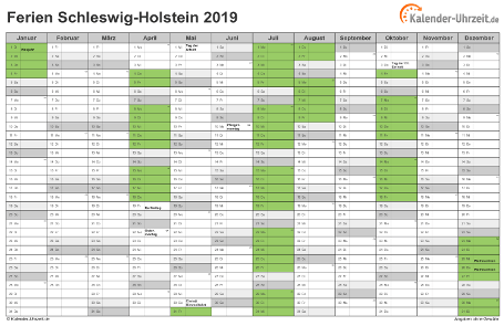 Ferien 2019 Schleswig-Holstein im Kalender - A4 quer-einseitig Ferienkalender 2019 für Schleswig-Holstein - A4 quer-einseitig