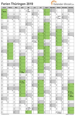 Ferienkalender 2019 für Thüringen - A4 hoch-einseitig