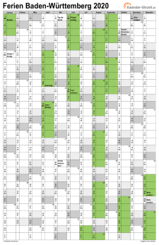 Ferien 2020 Baden-Württemberg im Kalender - A4 hoch-einseitig Ferienkalender 2020 für Baden-Württemberg - A4 hoch-einseitig