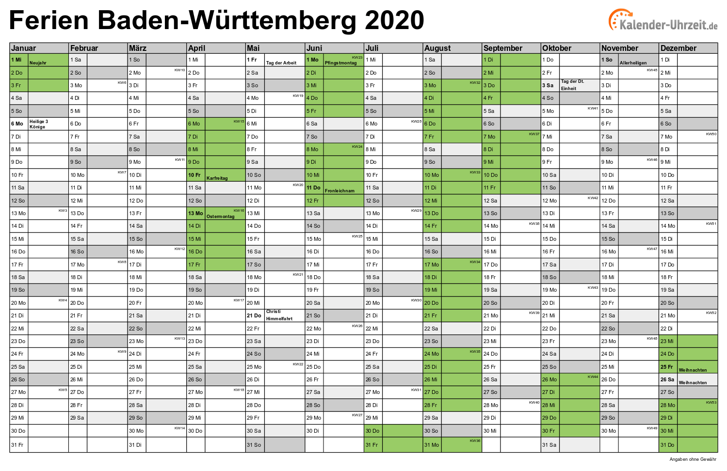 Ferien Baden-Württemberg 2020 - Ferienkalender zum Ausdrucken