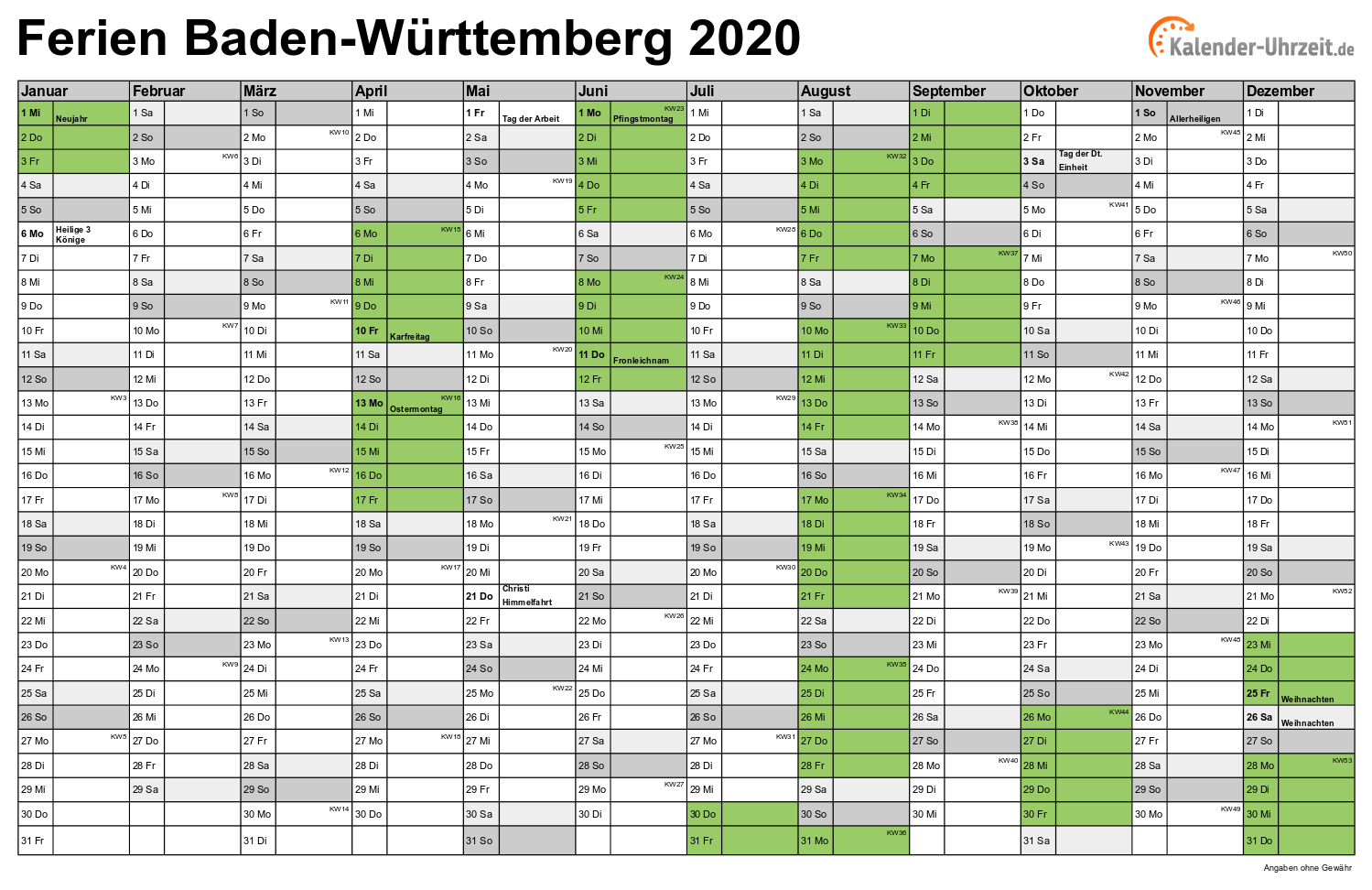 Schulferien Kalender 2020 Bw | Kalender 2020 hetgarnalenhuis