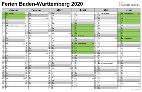 Ferien 2020 Baden-Württemberg im Kalender - A4 quer-zweiseitig Ferienkalender 2020 für Baden-Württemberg - A4 quer-zweiseitig