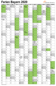 Ferienkalender 2020 für Bayern - A4 hoch-einseitig