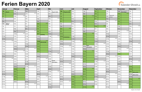 Ferienkalender 2020 für Bayern - A4 quer-einseitig