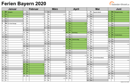 Ferienkalender 2020 für Bayern - A4 quer-zweiseitig