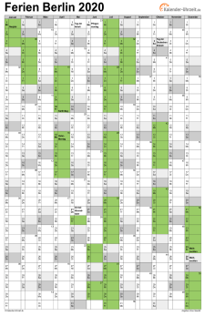Ferien 2020 Berlin im Kalender - A4 hoch-einseitig Ferienkalender 2020 für Berlin - A4 hoch-einseitig