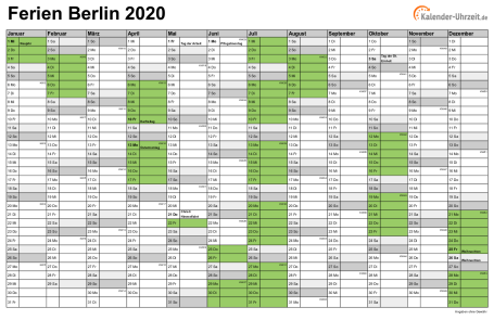 Ferien 2020 Berlin im Kalender - A4 quer-einseitig Ferienkalender 2020 für Berlin - A4 quer-einseitig