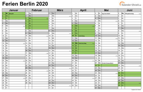 Ferienkalender 2020 für Berlin - A4 quer-zweiseitig