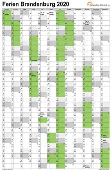 Ferien 2020 Brandenburg im Kalender - A4 hoch-einseitig Ferienkalender 2020 für Brandenburg - A4 hoch-einseitig