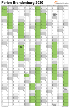 Ferienkalender 2020 für Brandenburg - A4 hoch-einseitig