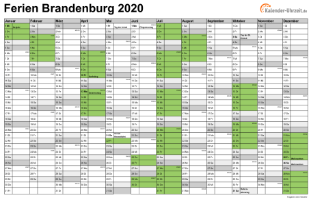 Ferien 2020 Brandenburg im Kalender - A4 quer-einseitig Ferienkalender 2020 für Brandenburg - A4 quer-einseitig