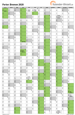Ferien 2020 Bremen im Kalender - A4 hoch-einseitig Ferienkalender 2020 für Bremen - A4 hoch-einseitig