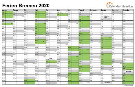 Ferien 2020 Bremen im Kalender - A4 quer-einseitig Ferienkalender 2020 für Bremen - A4 quer-einseitig