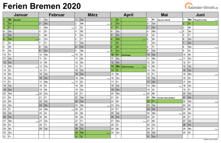 Ferienkalender 2020 für Bremen - A4 quer-zweiseitig