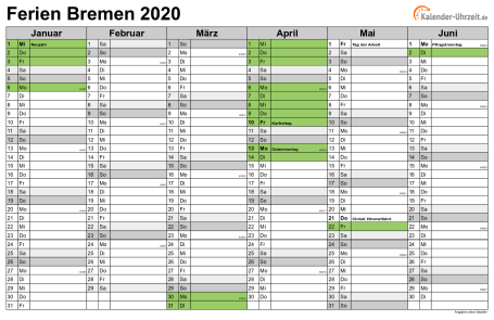 Ferien 2020 Bremen im Kalender - A4 quer-zweiseitig Ferienkalender 2020 für Bremen - A4 quer-zweiseitig