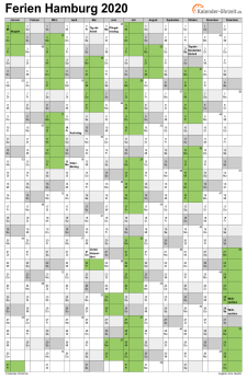 Ferienkalender 2020 für Hamburg - A4 hoch-einseitig