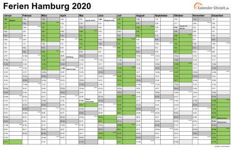 Ferien 2020 Hamburg im Kalender - A4 quer-einseitig Ferienkalender 2020 für Hamburg - A4 quer-einseitig