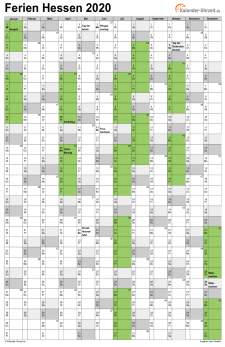 Ferienkalender 2020 für Hessen - A4 hoch-einseitig