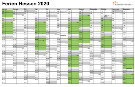 Ferienkalender 2020 für Hessen - A4 quer-einseitig