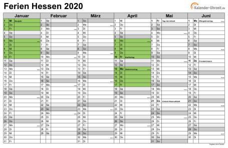 Ferienkalender 2020 für Hessen - A4 quer-zweiseitig