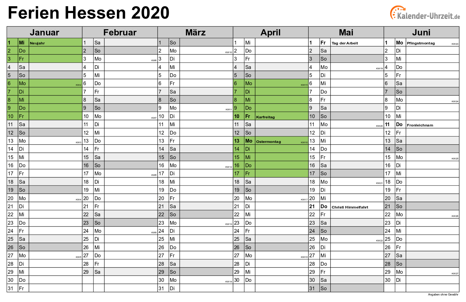 Ferien Hessen 2020 - Ferienkalender zum Ausdrucken