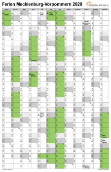 Ferienkalender 2020 für Meck.-Pomm. - A4 hoch-einseitig