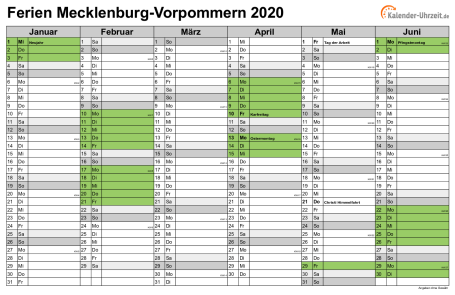 Ferienkalender 2020 für Meck.-Pomm. - A4 quer-zweiseitig