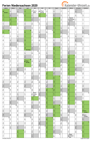 Ferienkalender 2020 für Niedersachsen - A4 hoch-einseitig