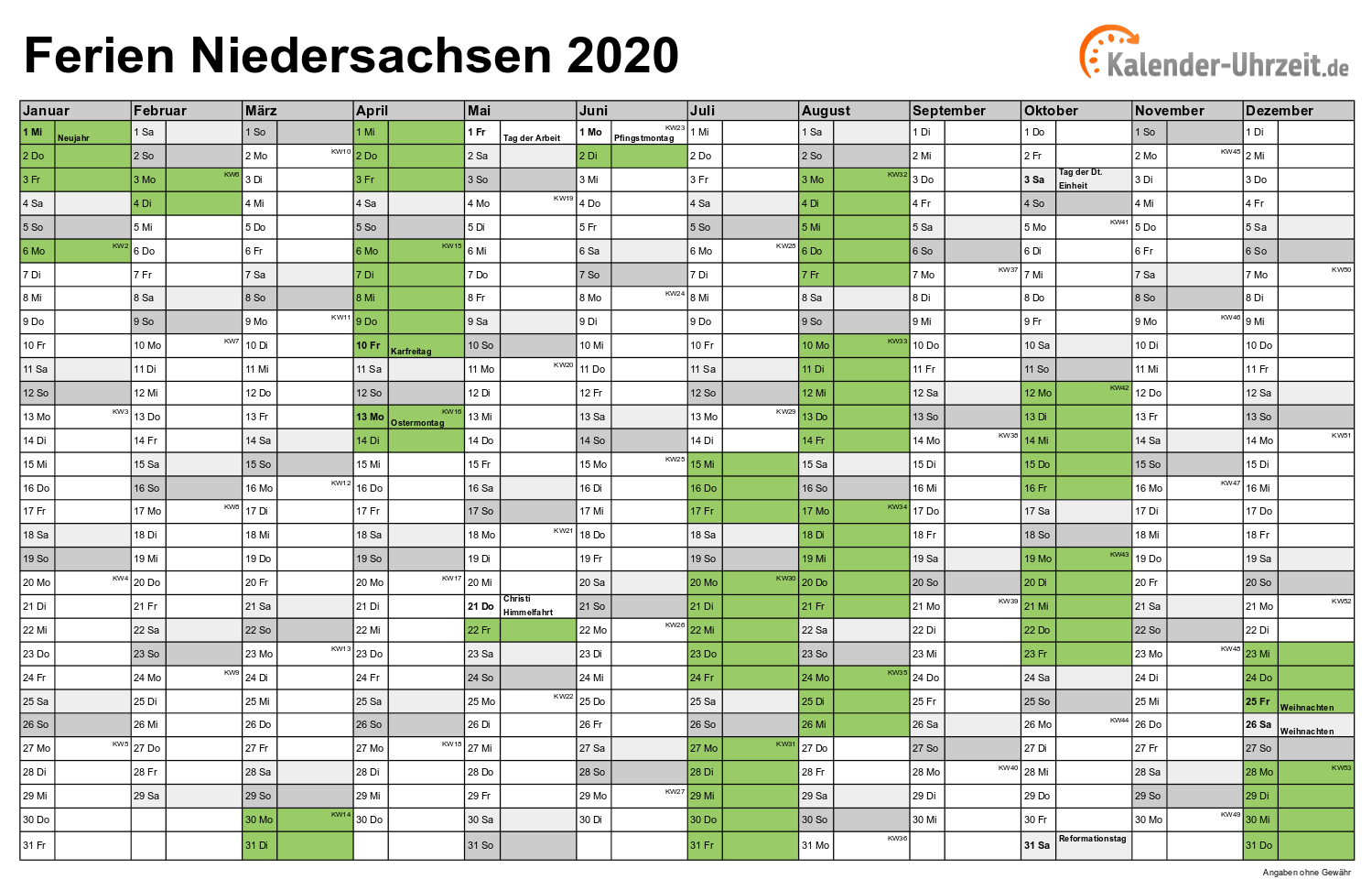 Ferien Niedersachsen 2020 - Ferienkalender zum Ausdrucken