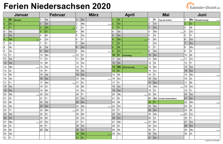 Ferienkalender 2020 für Niedersachsen - A4 quer-zweiseitig