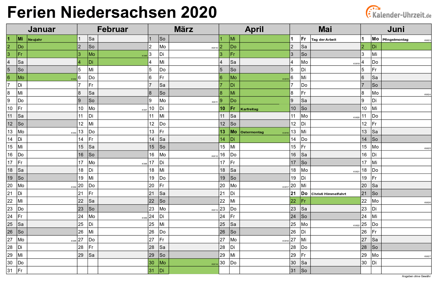 Ferien Niedersachsen 2020 - Ferienkalender zum Ausdrucken