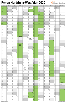 Ferien 2020 Nordrhein-Westfalen im Kalender - A4 hoch-einseitig Ferienkalender 2020 für Nordrhein-Westfalen - A4 hoch-einseitig