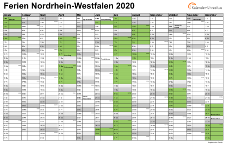 Ferienkalender 2020 für Nordrhein-Westfalen - A4 quer-einseitig