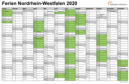 Ferien 2020 Nordrhein-Westfalen im Kalender - A4 quer-einseitig Ferienkalender 2020 für Nordrhein-Westfalen - A4 quer-einseitig