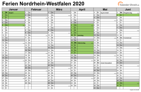 Ferien 2020 Nordrhein-Westfalen im Kalender - A4 quer-zweiseitig Ferienkalender 2020 für Nordrhein-Westfalen - A4 quer-zweiseitig